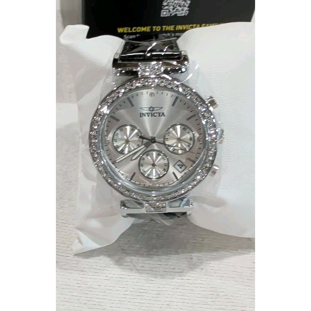 INVICTA Celestial Lady 38mm Quartz Watch Silver Case & Dial, Black Band NEW
